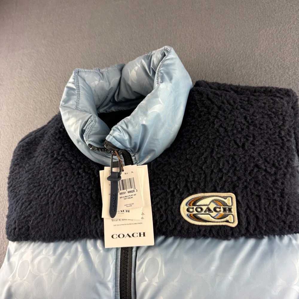 Coach Vest Men's XL Blue Signature Colorblock Puffer Sherpa Down Insulated NEW